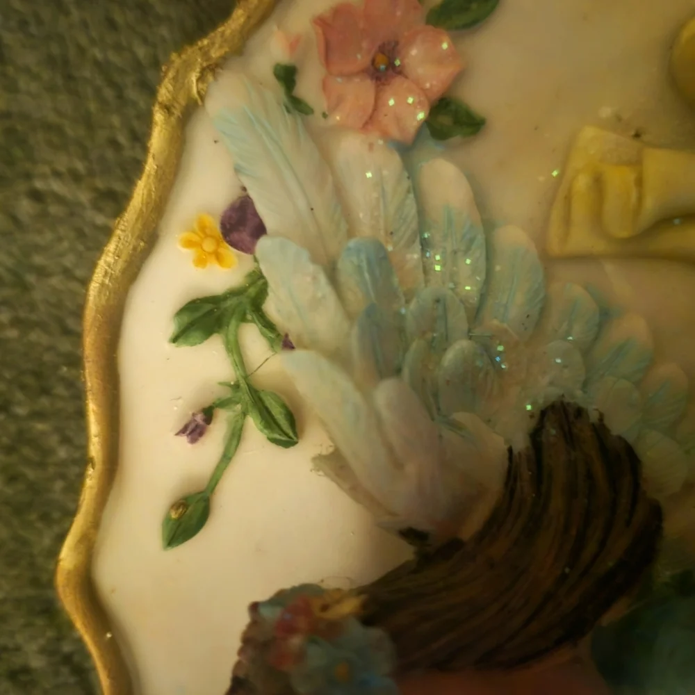 Handcrafted decorative 3D Collectable Winged Angel Wall Plate Flowers Gold Trim